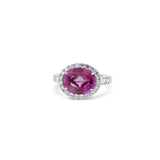 18K White Gold Wide-Set Oval Pink Sapphire Diamond Halo Ring