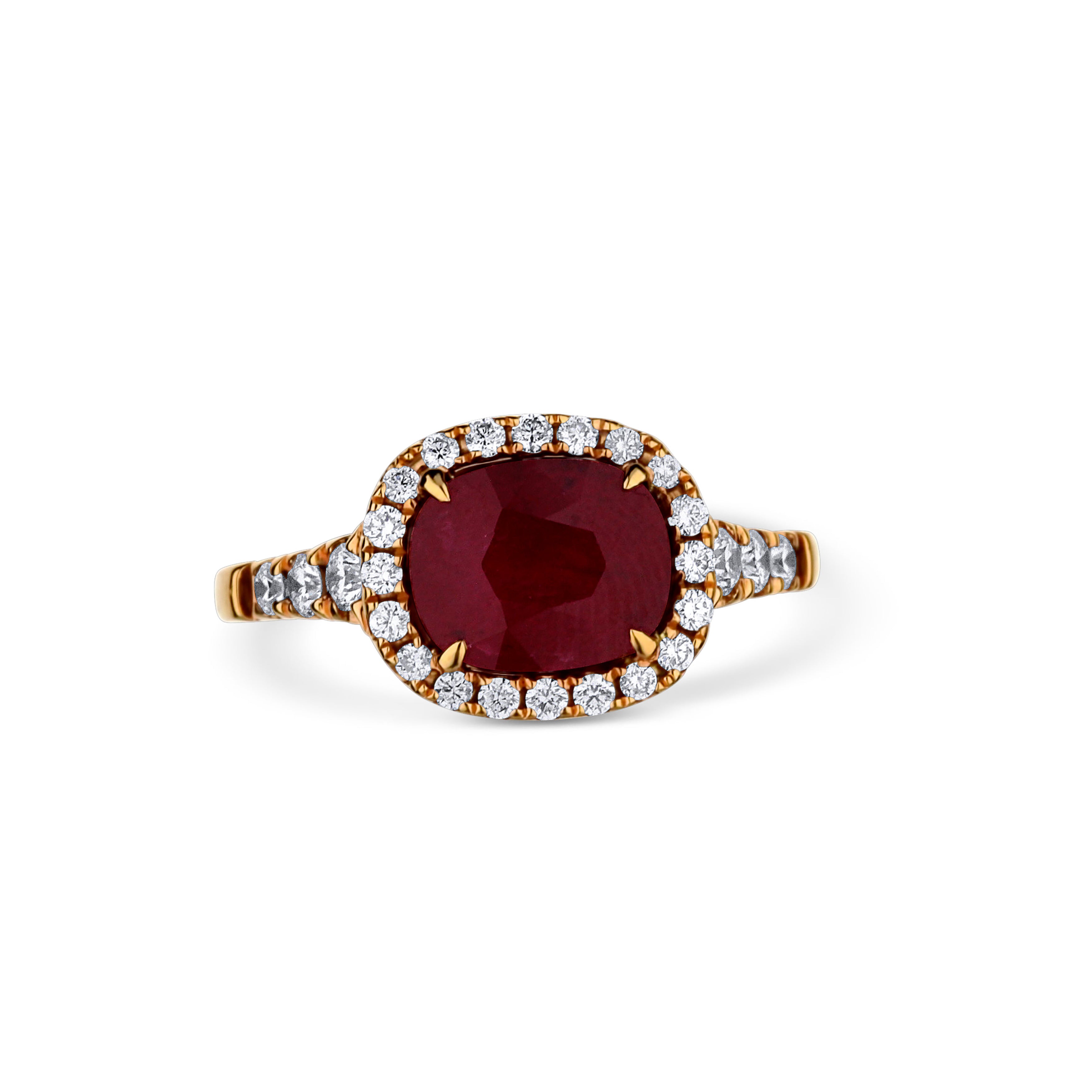 18K Rose Gold Oval Red Ruby Wide-Set Diamond Halo Ring