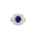18K White Gold Round Blue Sapphire Center With Double Diamond Halo & Triple Split-Shank Ring