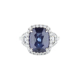 18K White Gold Long Cushion-Sapphire Diamond Halo Diamond Trapezoid Ring