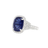 18K White Gold Long Cushion-Sapphire Diamond Halo Diamond Trapezoid Ring