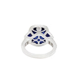 18K White Gold Long Cushion-Sapphire Diamond Halo Diamond Trapezoid Ring
