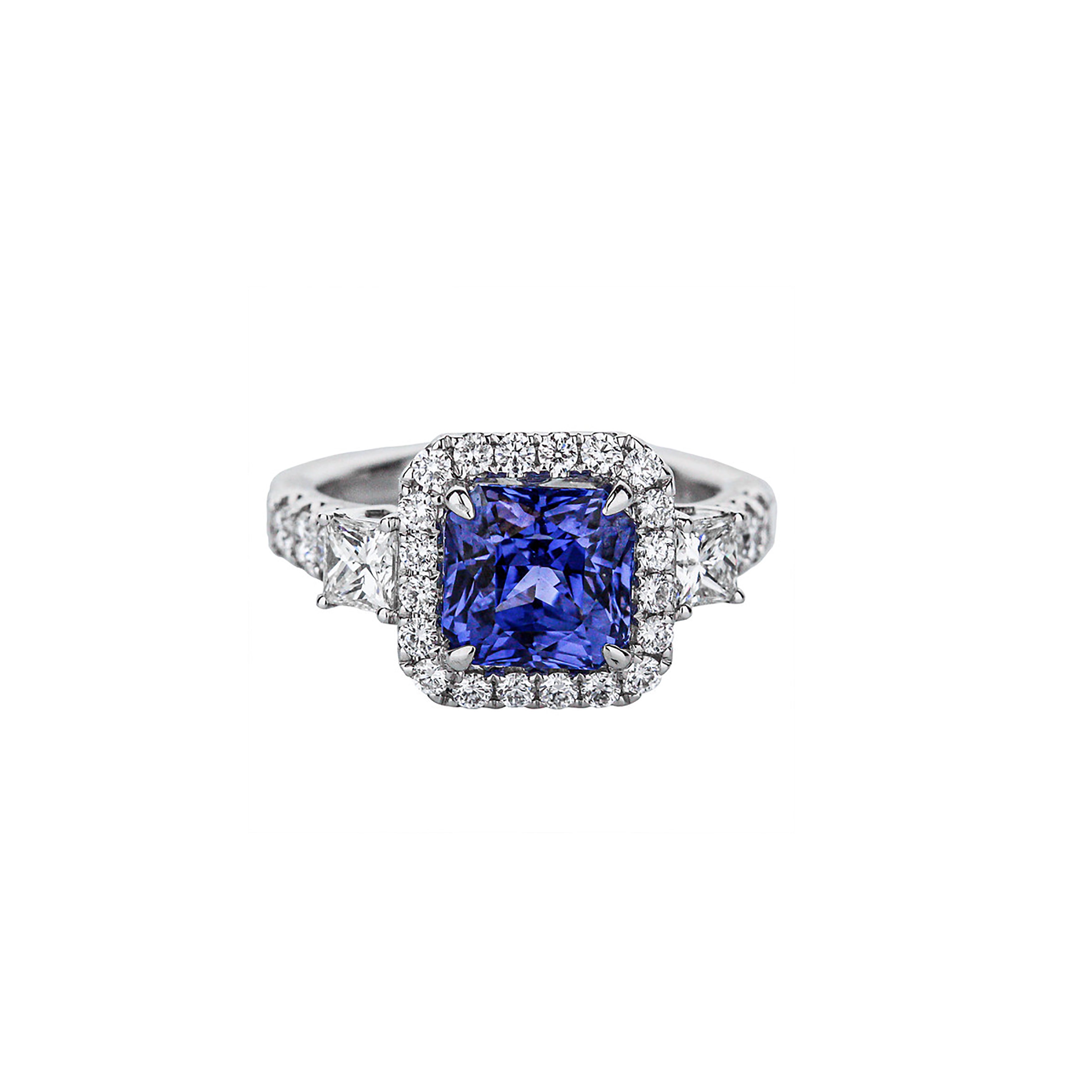 18K White Gold Radiant Cut Blue Sapphire with Accent Princess Cut Diamonds Ring