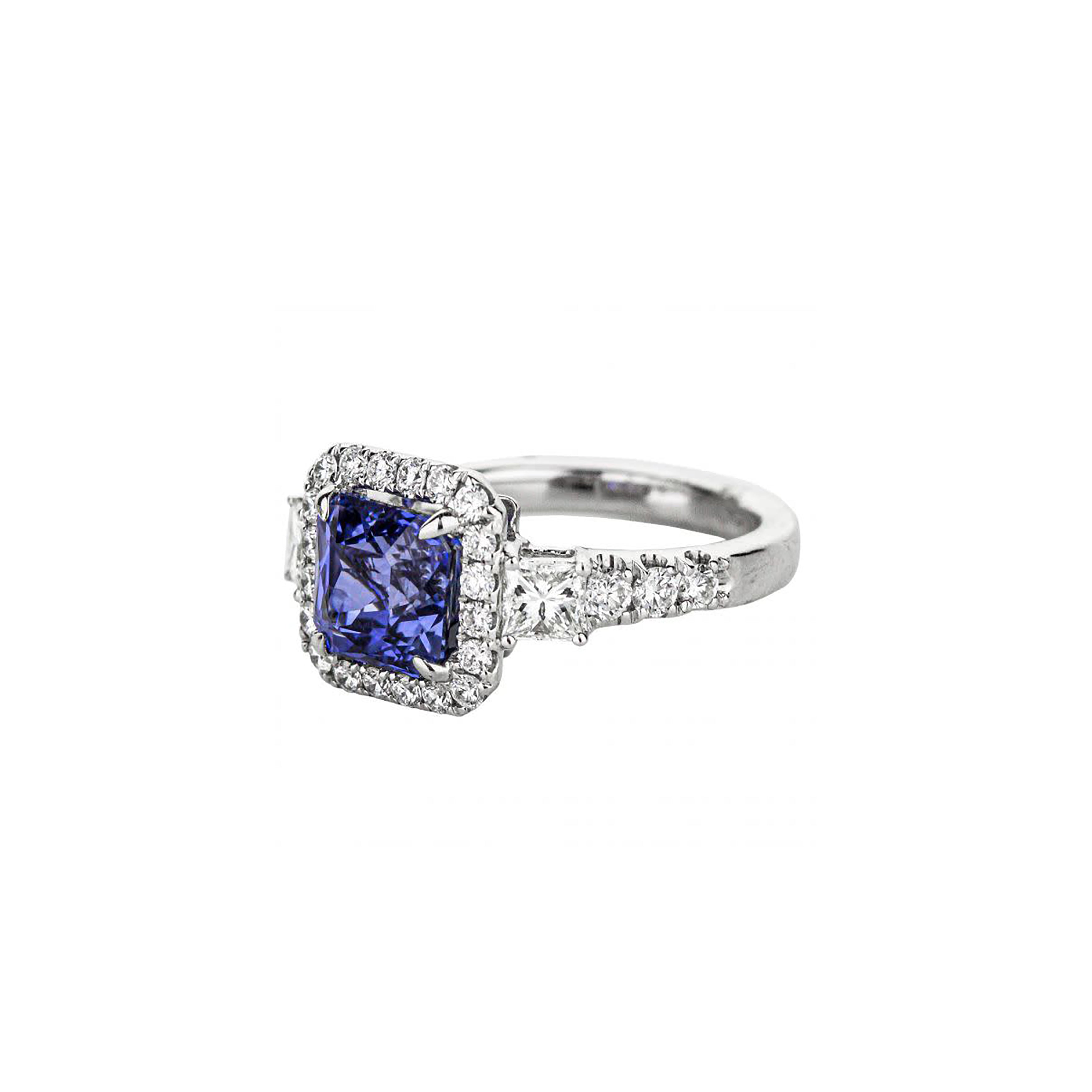18K White Gold Radiant-Cut Blue Sapphire With Accent Princess-Cut Diamonds Ring