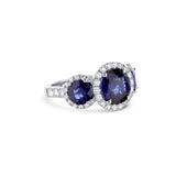 18K White Gold Blue Sapphire Three Stone Diamond Engagement Ring