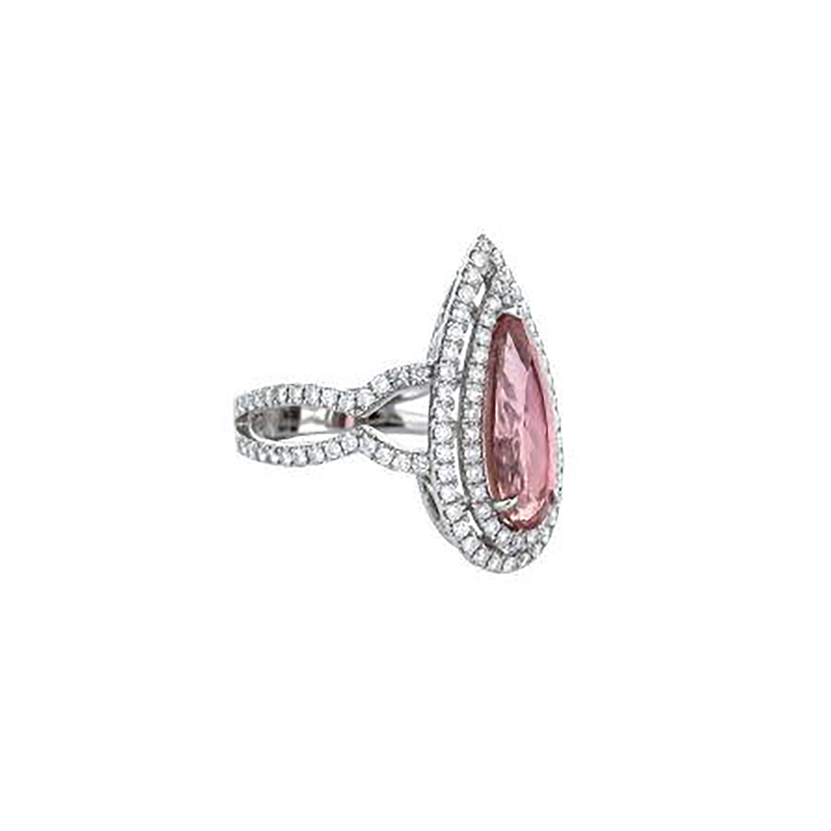 18K White Gold Pear Shaped Pink Tourmaline Double Diamond Halo Ring