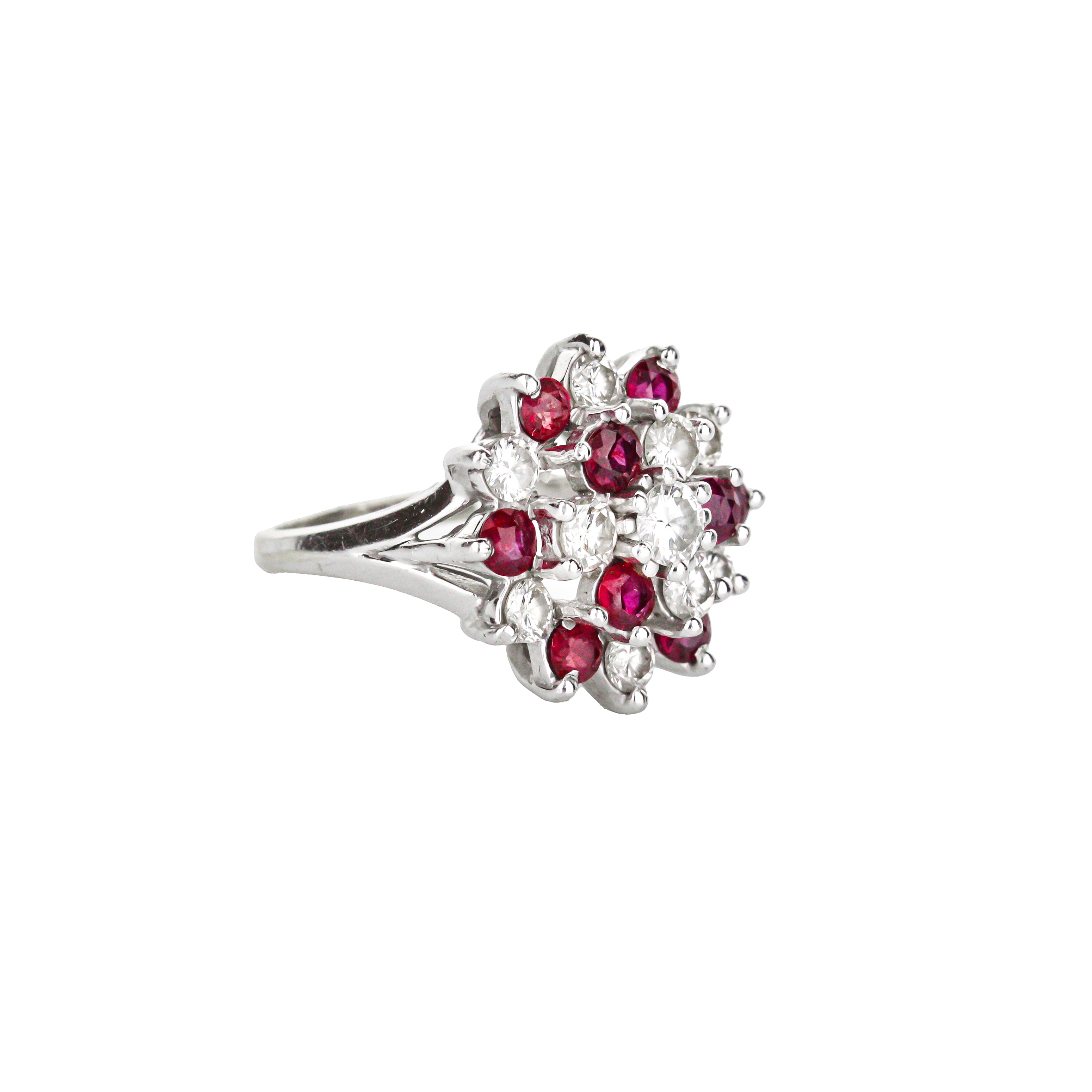 14K White Gold Ruby Diamond Prong Set Cocktail Ring