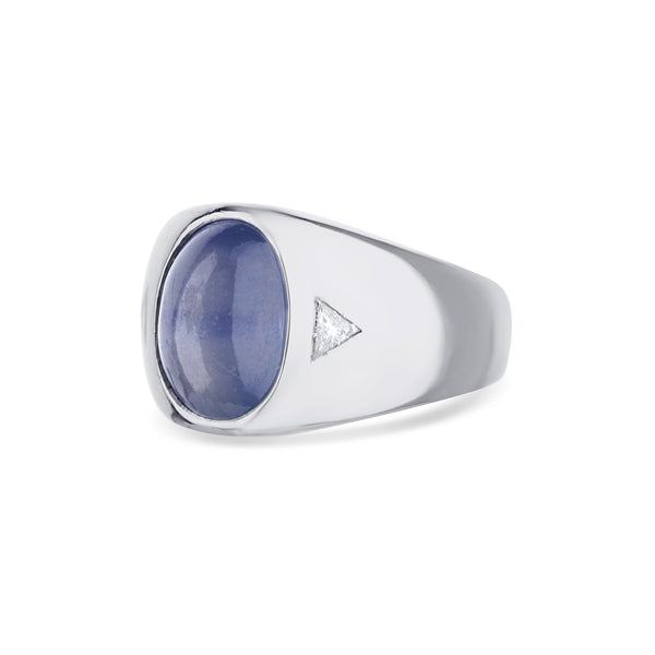 14K White Gold Light Violetish Blue Star Sapphire Band With Trillion Diamonds