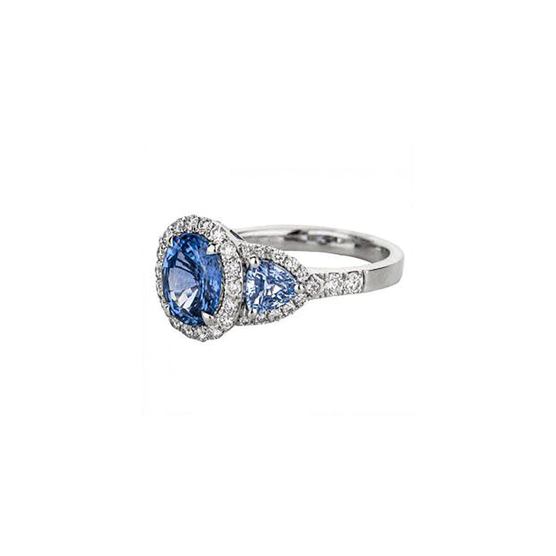 18K White Gold 3 Blue Sapphire Diamond Ring With Triple Halo