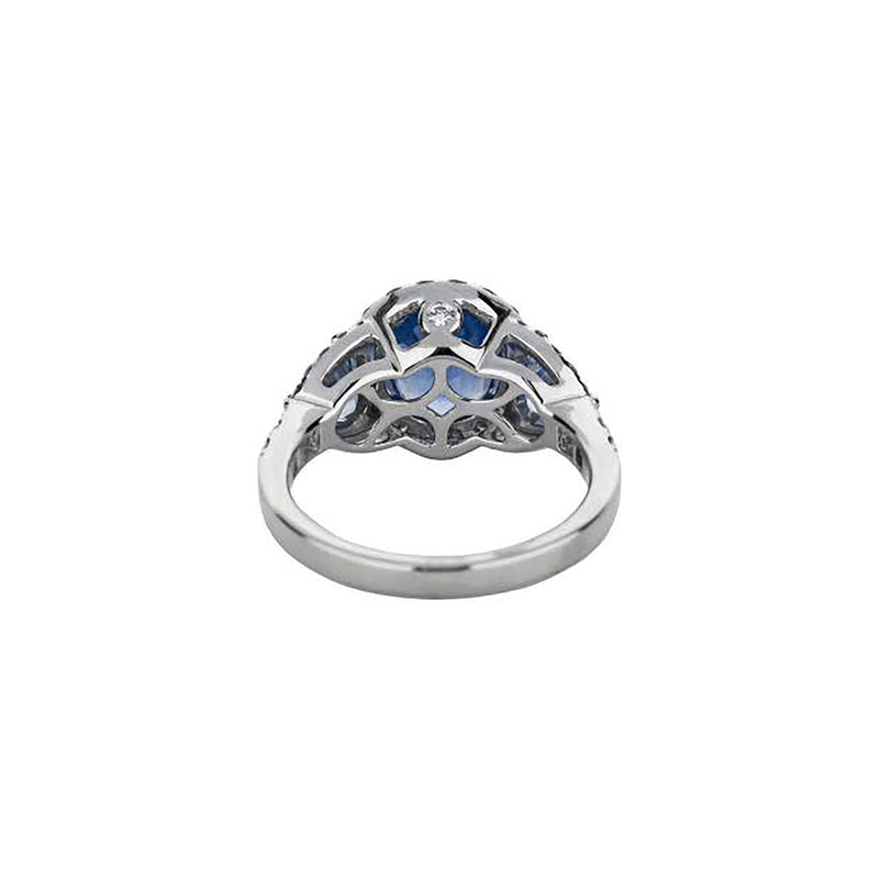 18K White Gold 3 Blue Sapphire Diamond Ring With Triple Halo