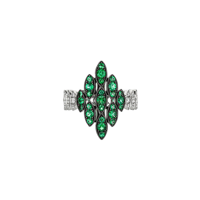 18K White Gold Designer Marquise Shaped Cluster Emerald Ring