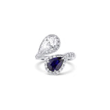 Platinum Blue Pear Cut Sapphire And Pear Cut Diamond Halo Bypass Engagement Ring