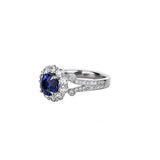 18K White Gold Blue Sapphire Ring With Split Shank And Halo