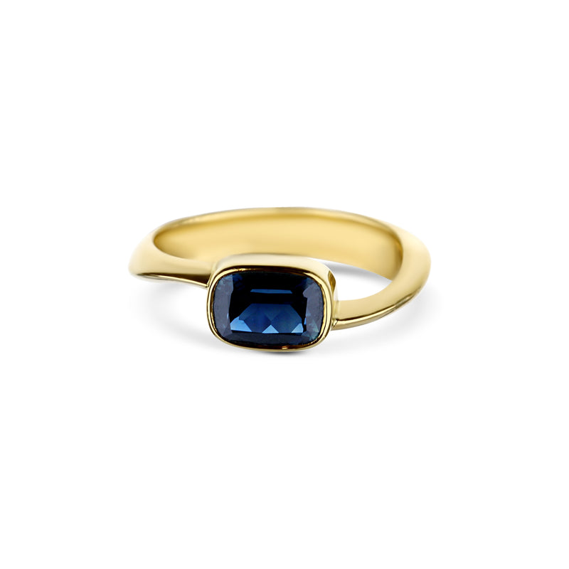 14K Yellow Gold Bezel Set 1.25Ct Blue Sapphire Modern Solitaire Off-Set Ring
