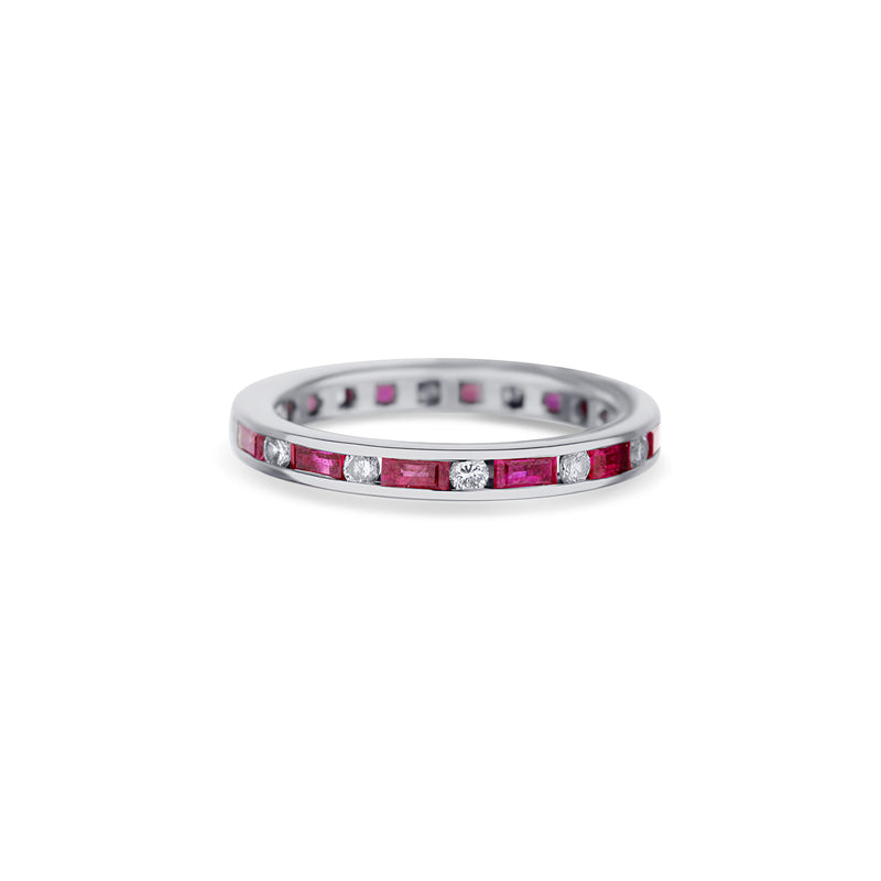 18k White Gold Diamond Band With Ruby Baguettes