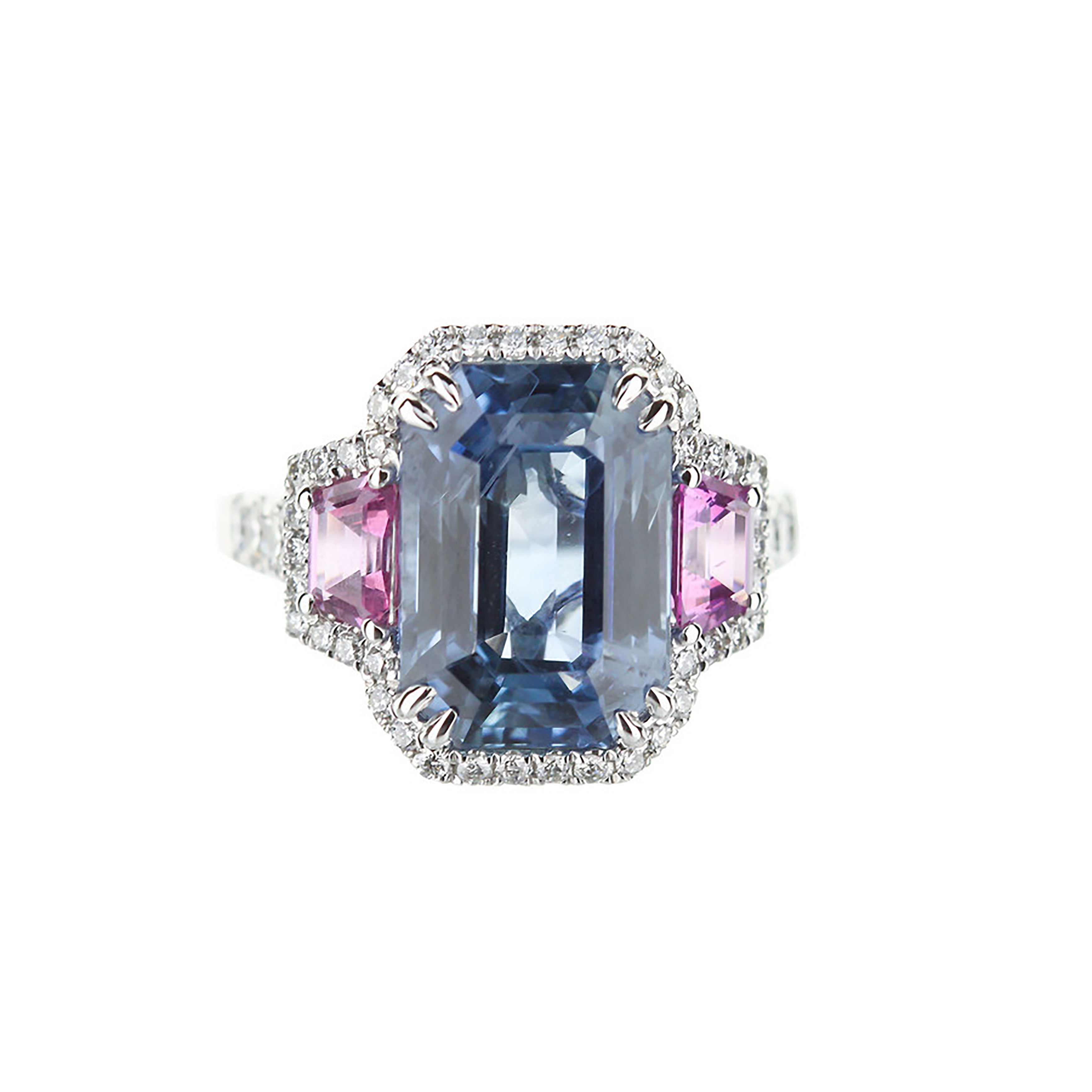 Blue Sapphire Platinum Engagement Ring With Diamond Halo And Pink Sapphire  Accents