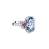Blue Sapphire Platinum Engagement Ring With Diamond Halo And Pink Sapphire Accents