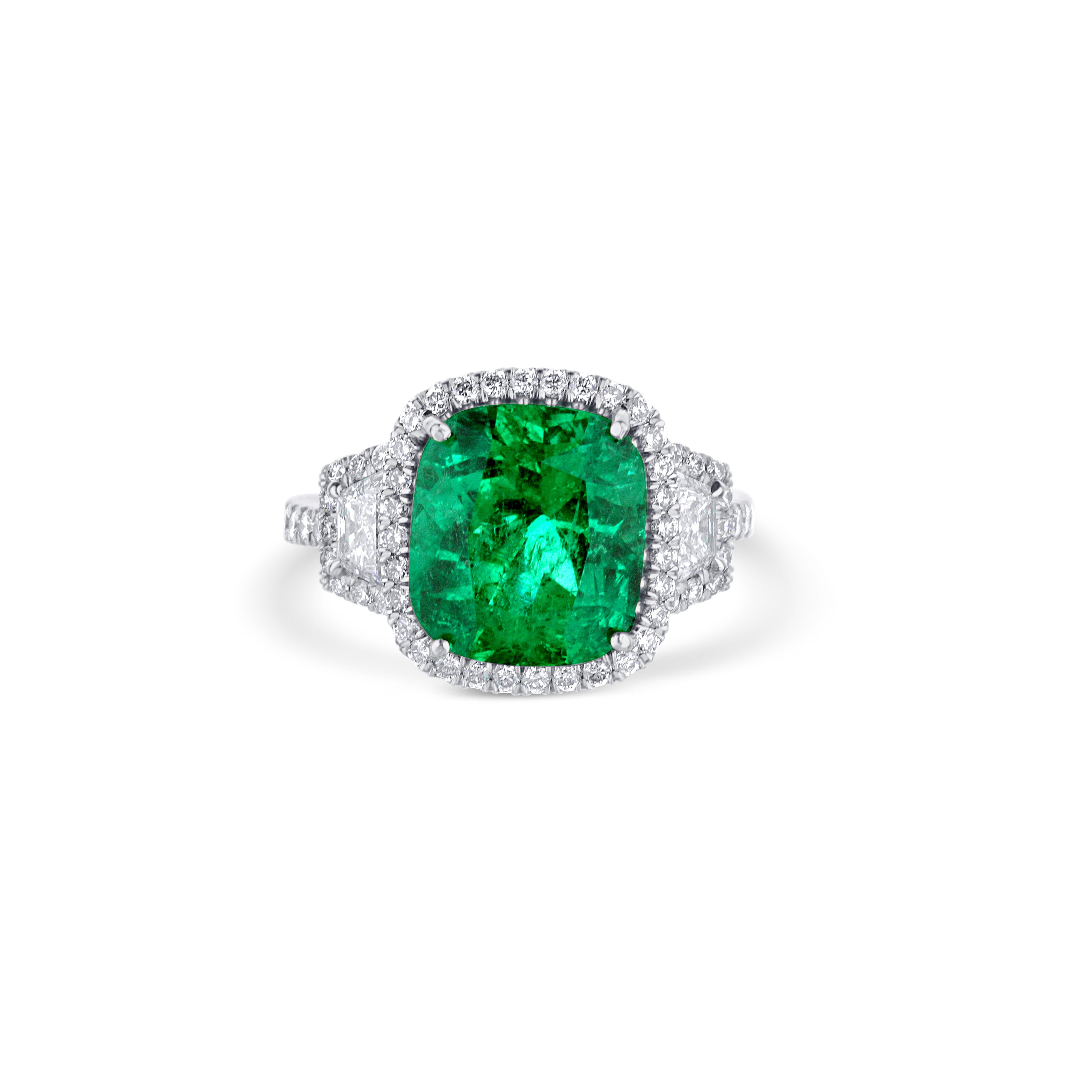 Platinum Cushion Emerald Center Diamond Halo