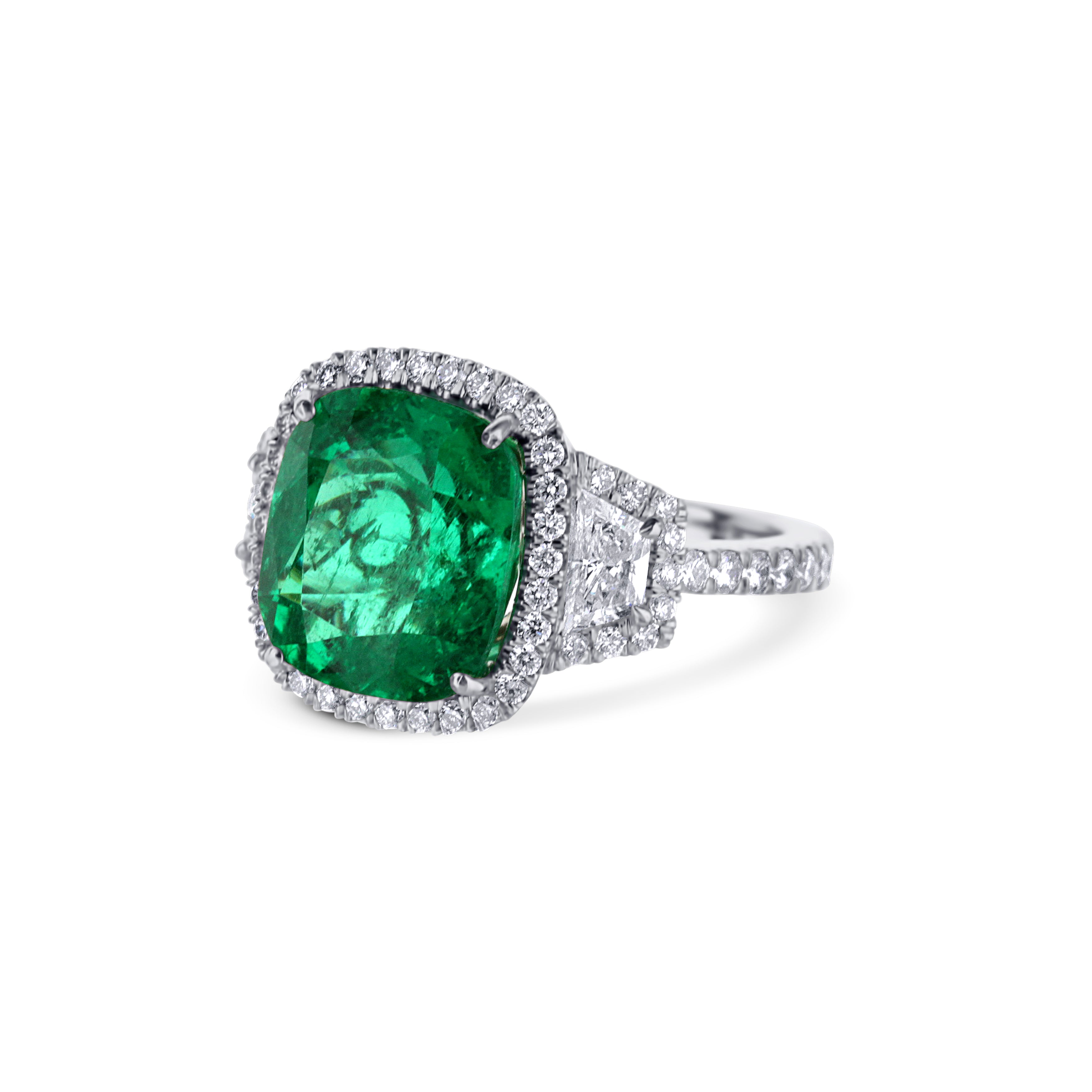 Platinum Cushion Emerald Center Diamond Halo