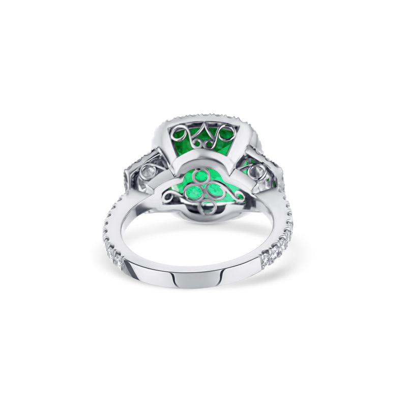 Platinum Cushion Emerald Center Diamond Halo