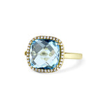 14K Yellow Gold Blue Topaz Center Stone Cushion Cut Ring With Diamond Halo