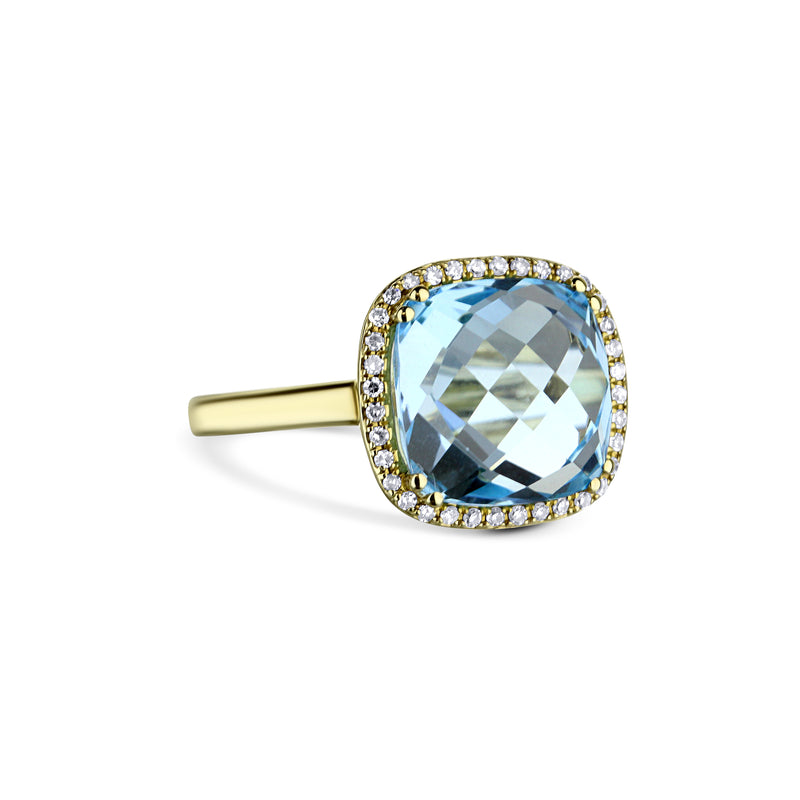 14K Yellow Gold Blue Topaz Center Stone Cushion Cut Ring With Diamond Halo