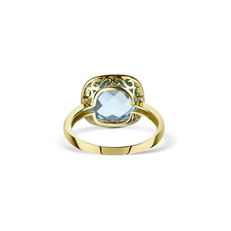 14K Yellow Gold Blue Topaz Center Stone Cushion Cut Ring With Diamond Halo