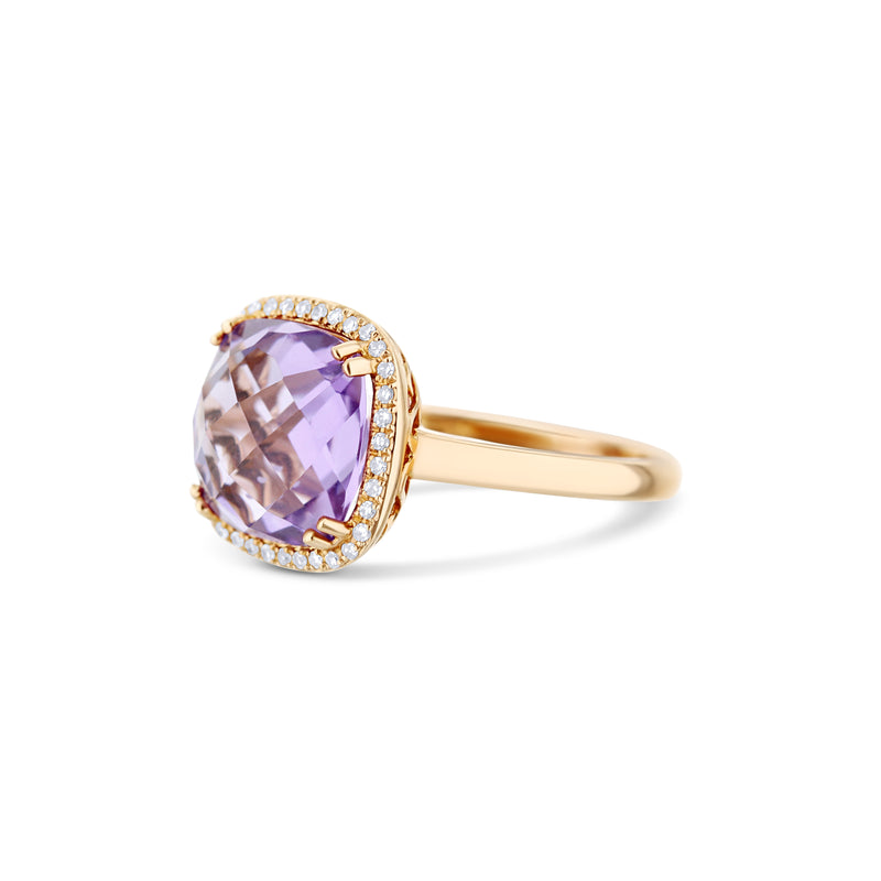 14K Rose Gold Amethyst Center Stone Cushion Cut Ring With Diamond Halo