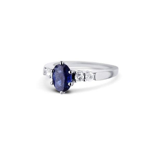 14K White Gold Oval Blue Sapphire Ring With Accent Diamonds