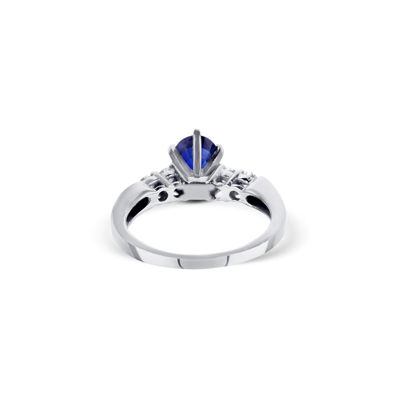 14K White Gold Oval Blue Sapphire Ring With Accent Diamonds