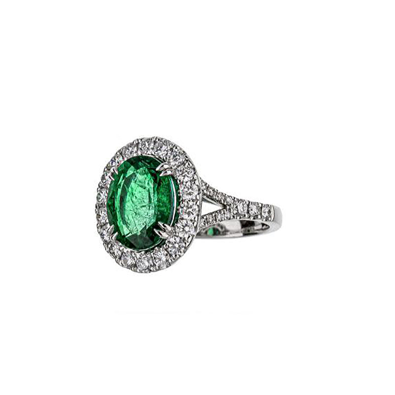 18K White Gold Oval Emerald Diamond Halo Ring