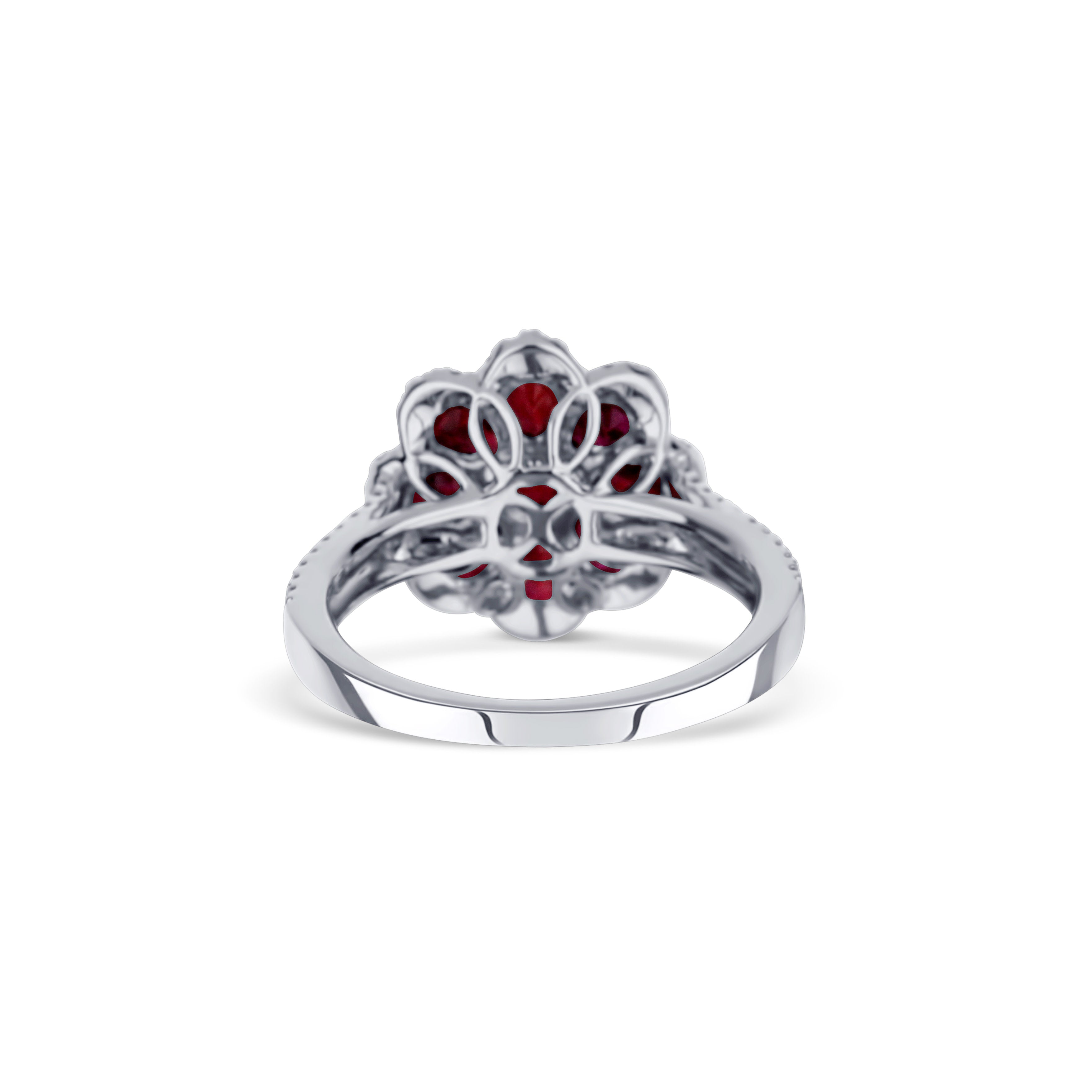 18K White Gold Flower Ruby Cluster Diamond Halo And Half Split Diamond Shank Ring