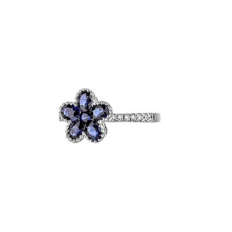 18K White Gold Blue Sapphire Flower Ring With Studded Halo And Half Diamond Shank