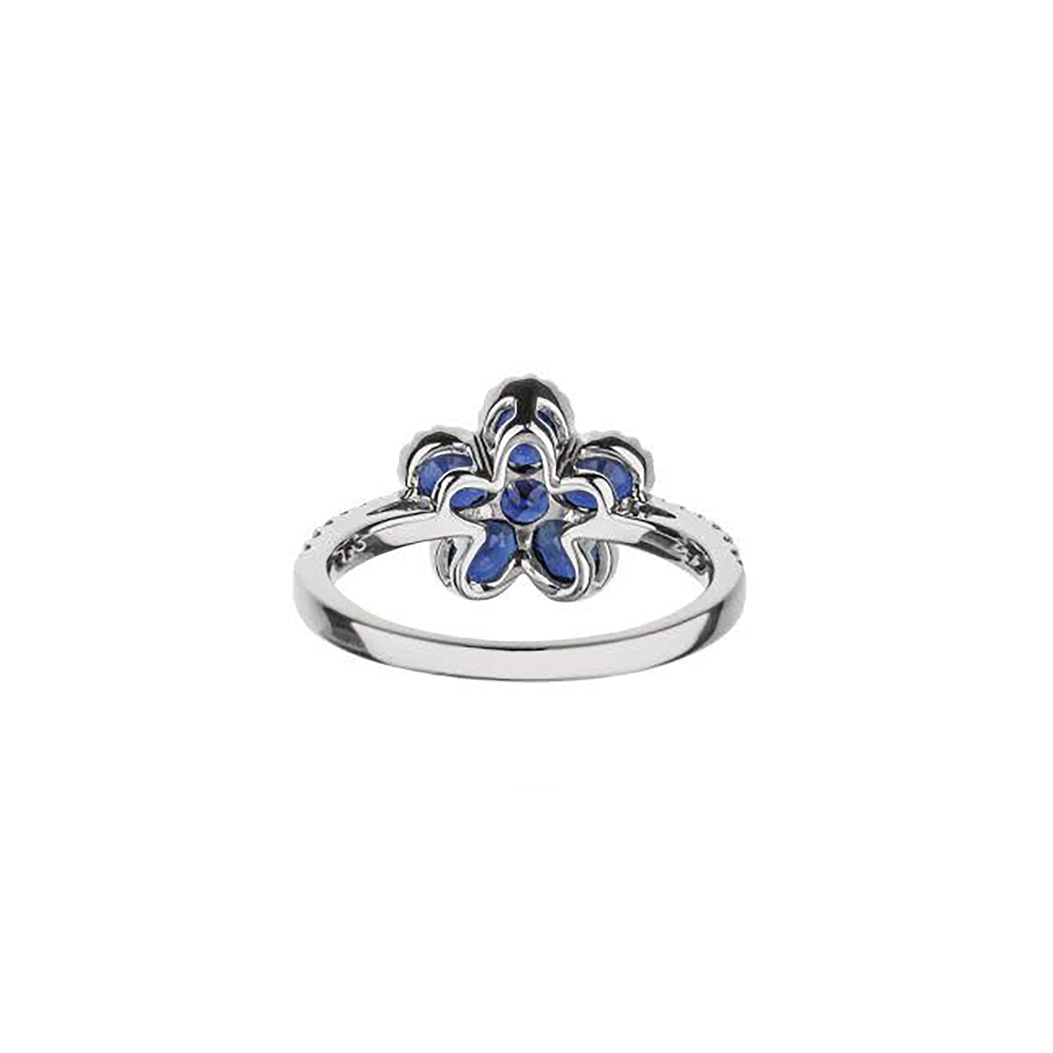 18K White Gold Blue Sapphire Flower Ring With Studded Halo And Half Diamond Shank