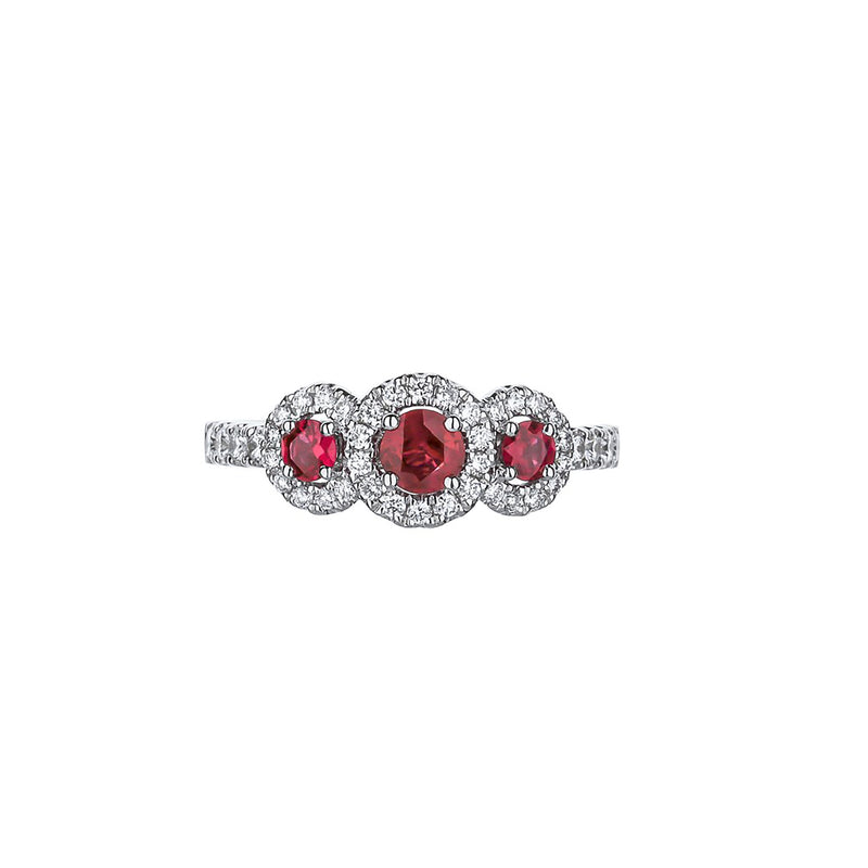 18K White Gold 3 Ruby With Diamond Halo And Quarter Diamond Shank Ring