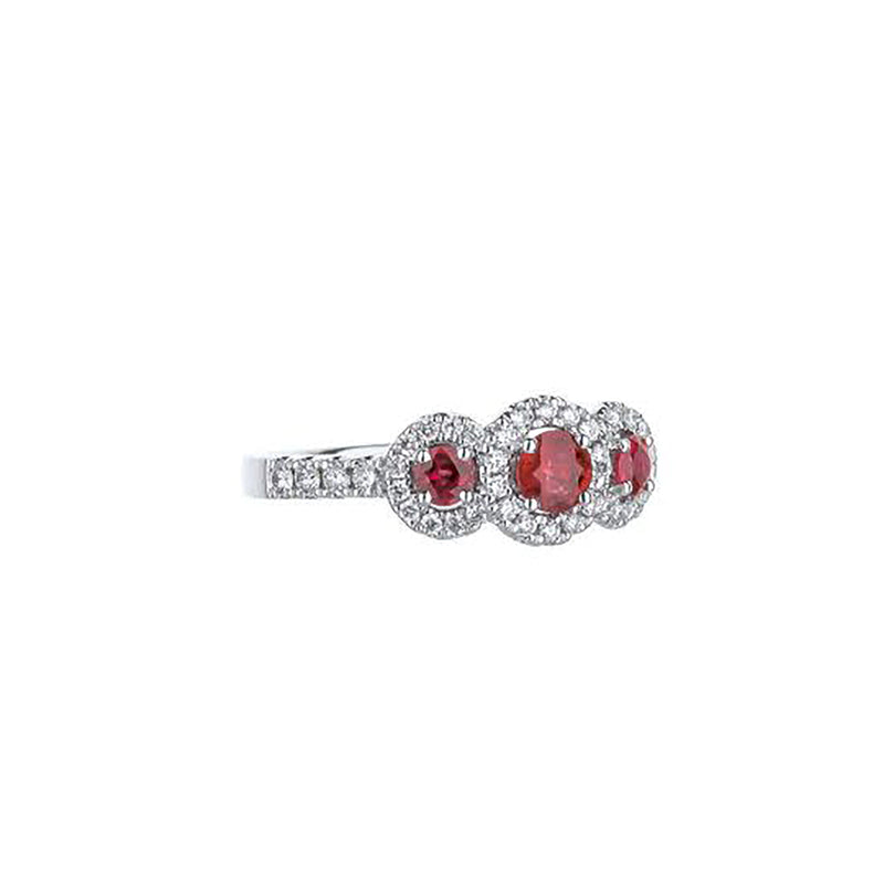 18K White Gold 3 Ruby With Diamond Halo And Quarter Diamond Shank Ring