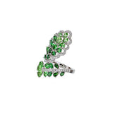 18K White Gold Designer Leaf Design Tsavorite Green Garnet Diamond Halo Ring