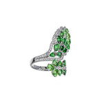18K White Gold Designer Leaf Design Tsavorite Green Garnet Diamond Halo Ring