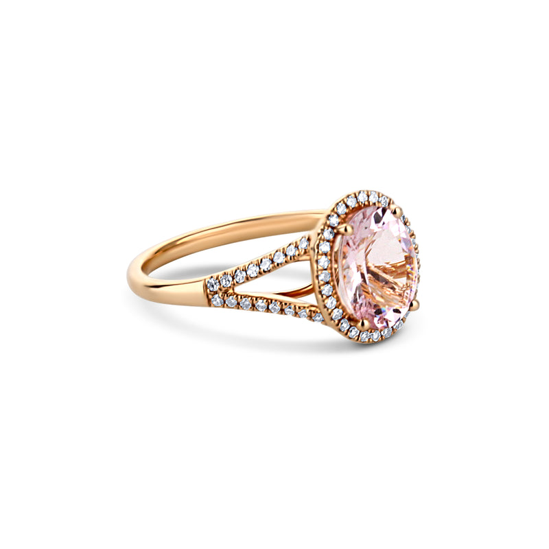 14K Rose Gold Oval Cut Morganite Ring With Diamond Halo