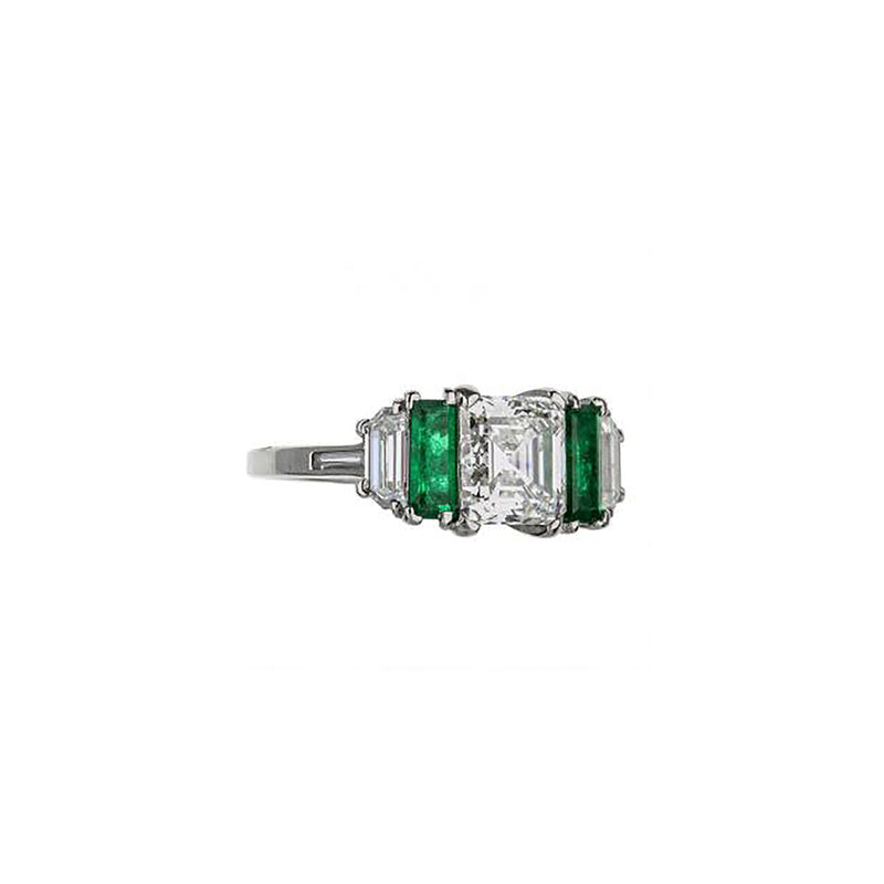 Platinum Antique Emerald Cut Diamond Ring With 2 Accent Emerald And Diamonds
