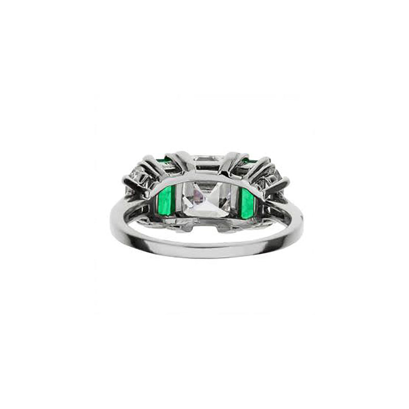 Platinum Antique Emerald Cut Diamond Ring With 2 Accent Emerald And Diamonds