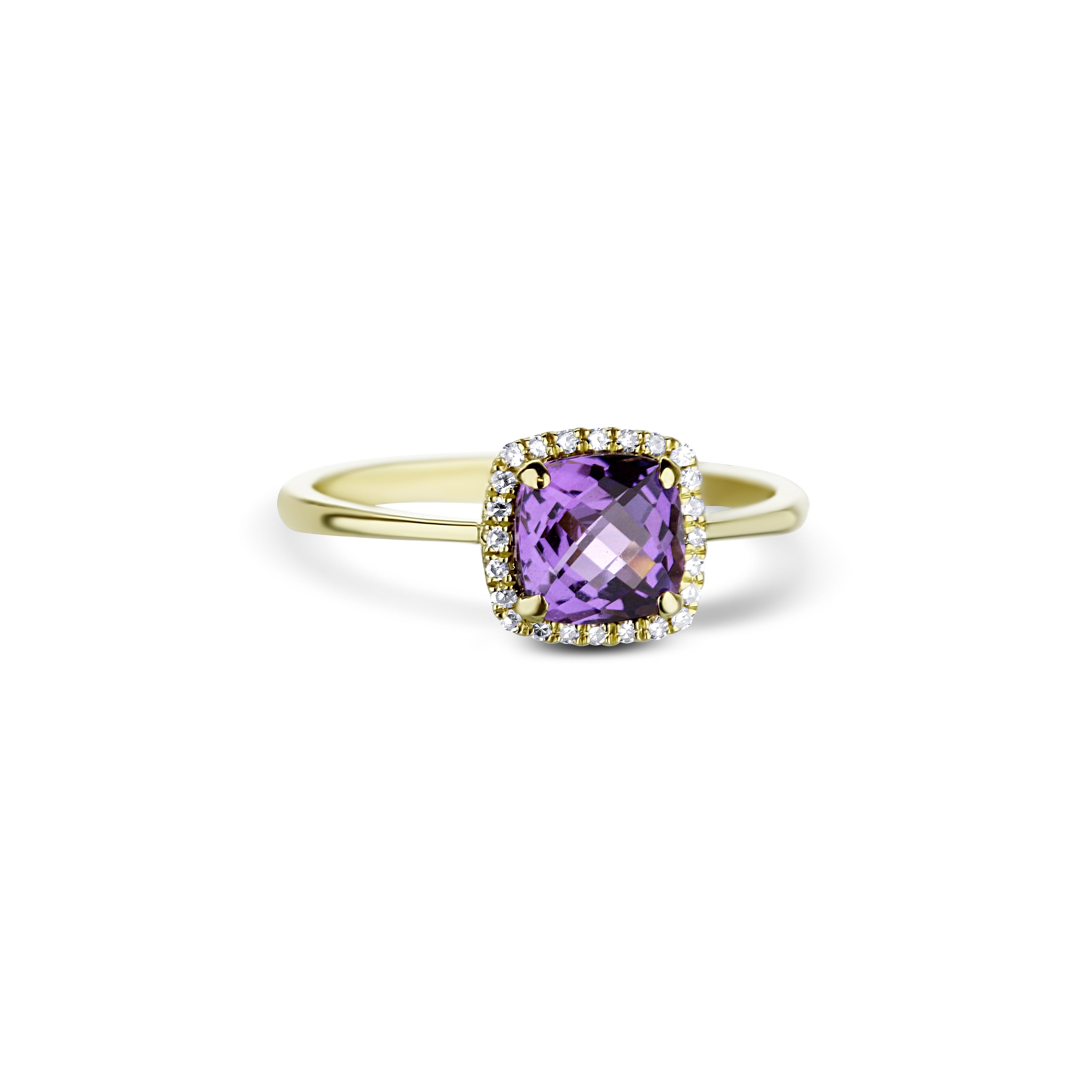 14K Yellow Gold Amethyst Cushion Cut Halo Ring