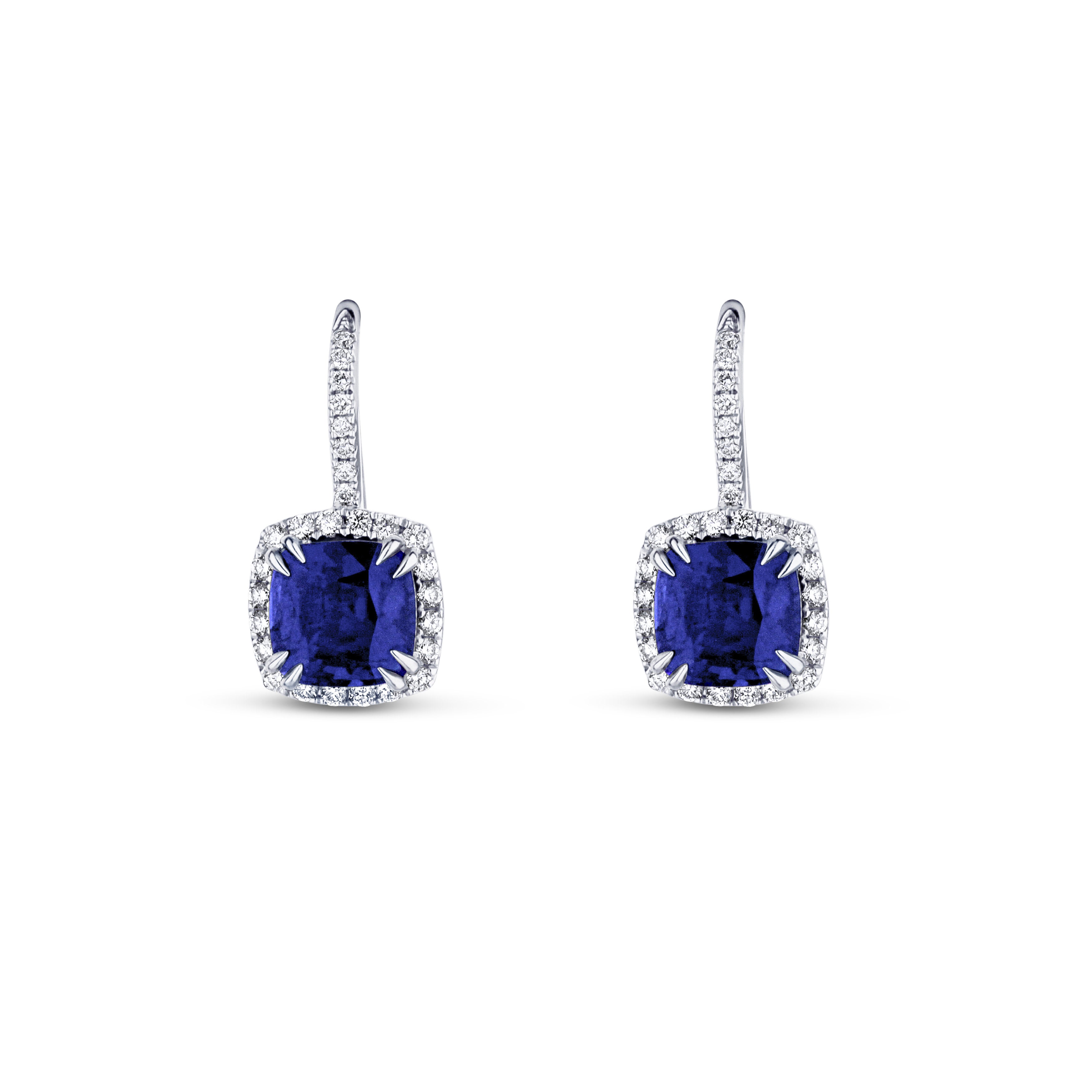 18K White Gold Cushion-Cut Blue Sapphire Diamond Halo European Backing Earrings