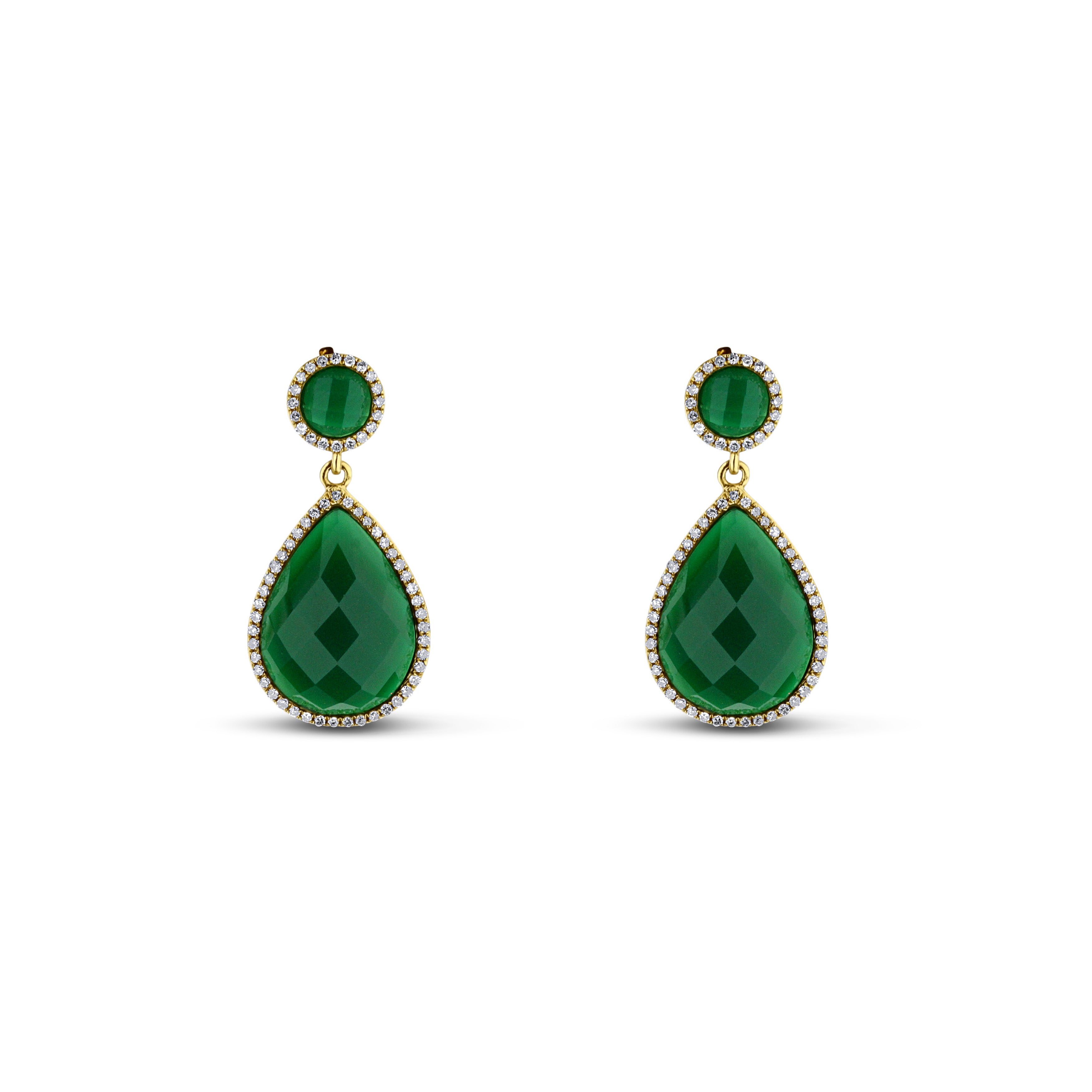 14K Yellow Gold Green Agate Slices With Round Diamond Halo Earrings