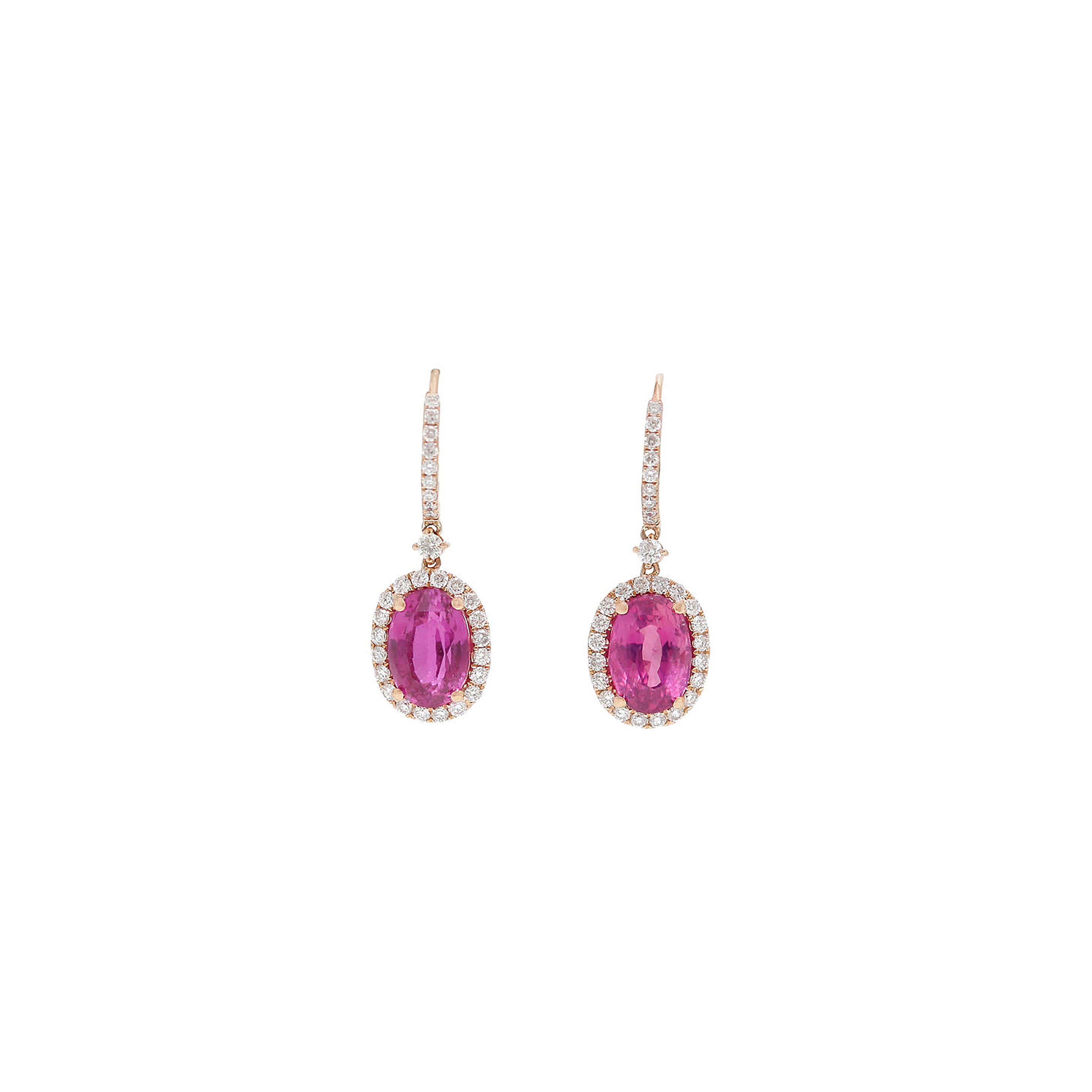 18K Rose Gold Oval Brilliant-Cut Pink Sapphire Diamond Halo Drop Earrings