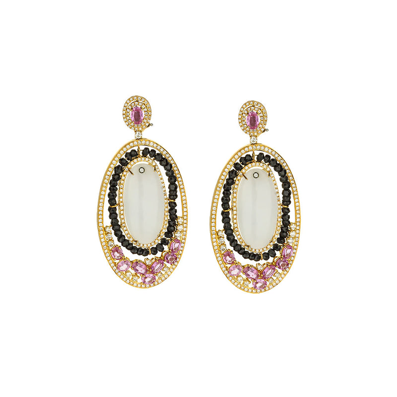 18K Rose Gold Lavender Jade Black Diamond And Pink Sapphire Drop Earrings