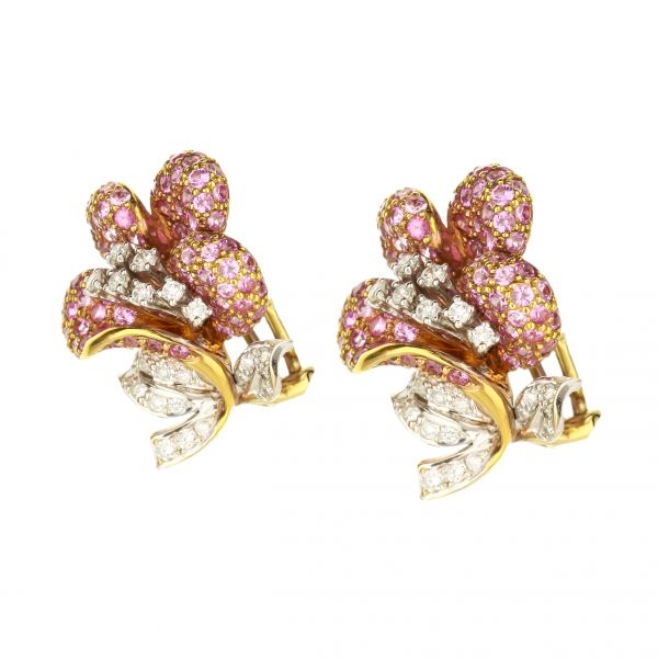 18K Rose Gold Pink Sapphire And Round Diamond Flower Stud Earrings