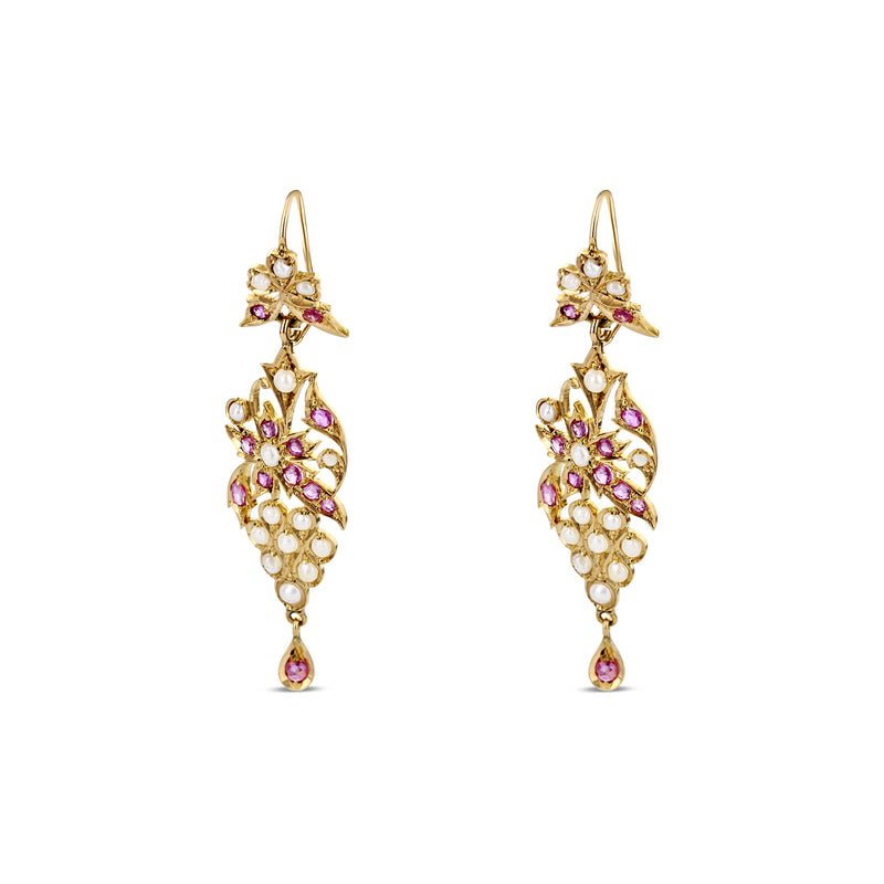 Floral Ruby And Seed Pearl Dangle Earring In 14K Yellow Gold