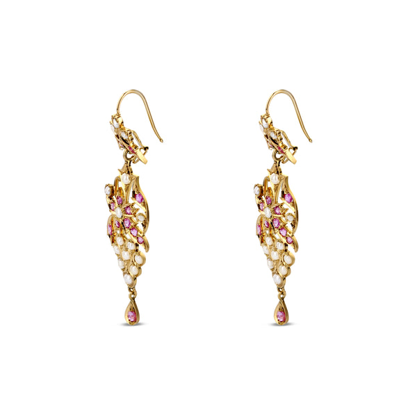 Floral Ruby And Seed Pearl Dangle Earring In 14K Yellow Gold