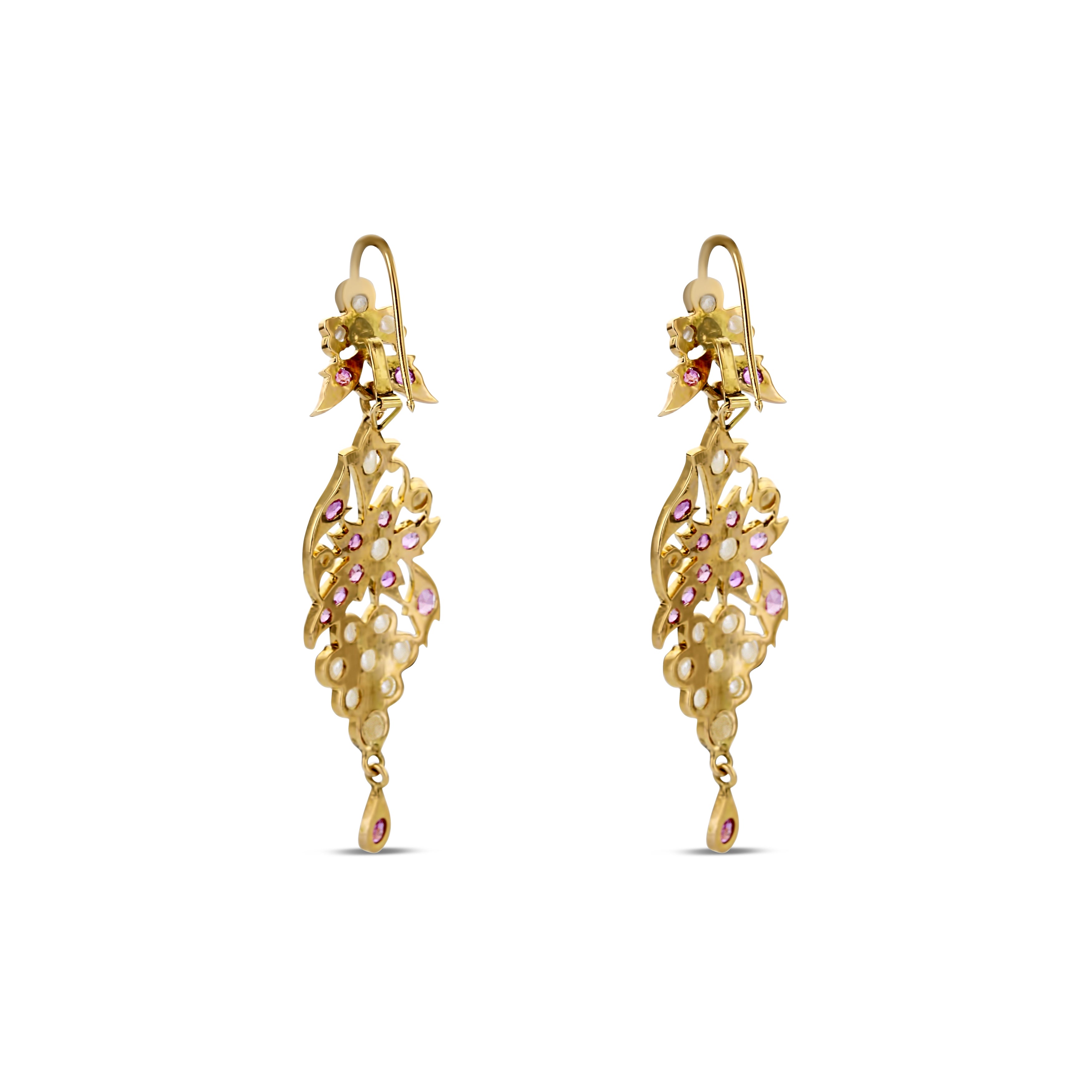 Floral Ruby And Seed Pearl Dangle Earring In 14K Yellow Gold